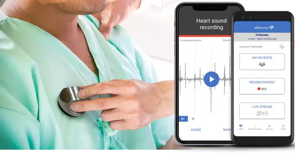 PCP-USB Stethoscope being used on a patient and a smartphone showing the eMurmer  software interface.