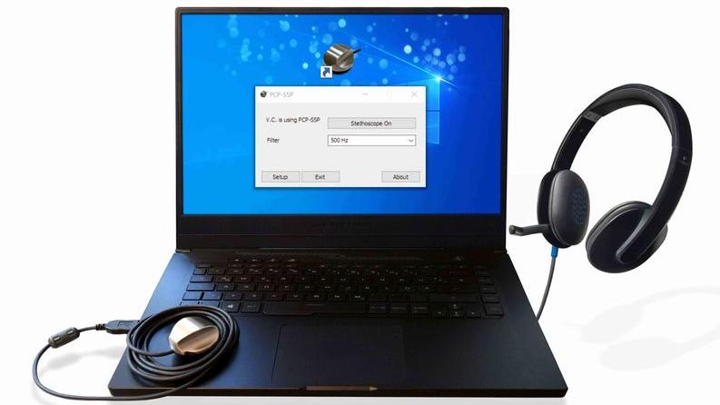 Laptop  with PCP-USB stethoscope and headset connected, displaying stethoscope software.