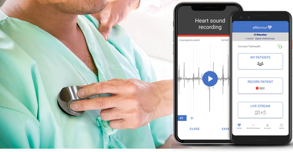 PCP-USB Stethoscope being used on a patient and a smartphone showing the eMurmer  software interface.