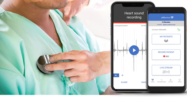 eMurmer in action PCP-USB Stethoscope being used on a patient and a smartphone showing the eMurmer software interface.