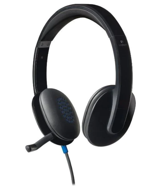 Headset with microphone on a white background.